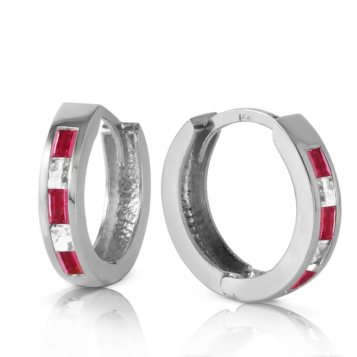 1.26 Carat 14K Solid White Gold Hoop Earrings Natural Ruby White Topaz