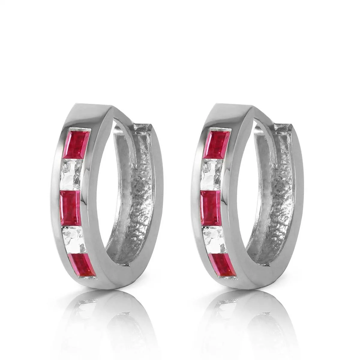 1.26 Carat 14K Solid White Gold Hoop Earrings Natural Ruby White Topaz