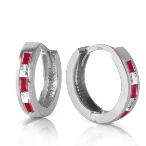 1.26 Carat 14K Solid White Gold Hoop Earrings Natural Ruby White Topaz