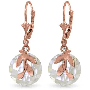 14K Solid Rose Gold Leverback Earrings w/ Rose Topaz & Diamonds