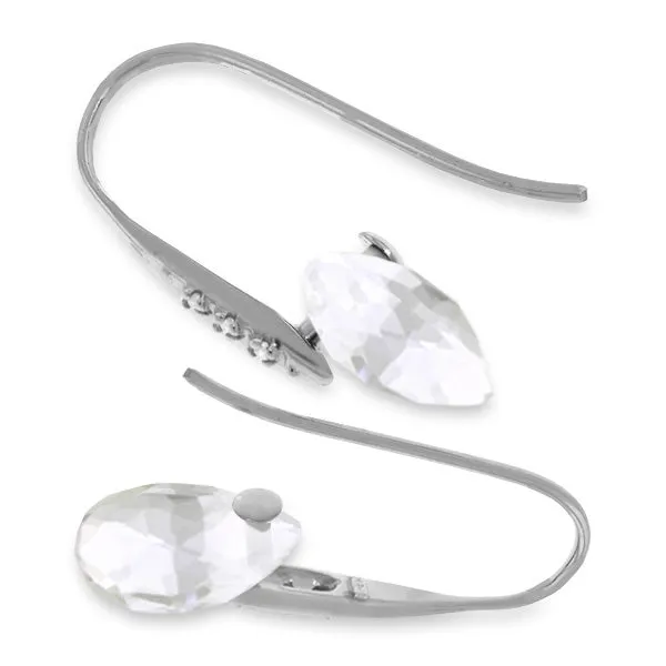 14K Solid White Gold Fish Hook Earrings w/ Diamonds & Dangling Briolette White Topaz