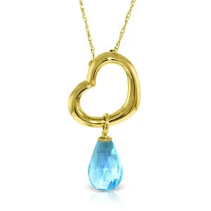 14K Solid Yellow Gold Heart Necklace w/ Dangling Natural Blue Topaz