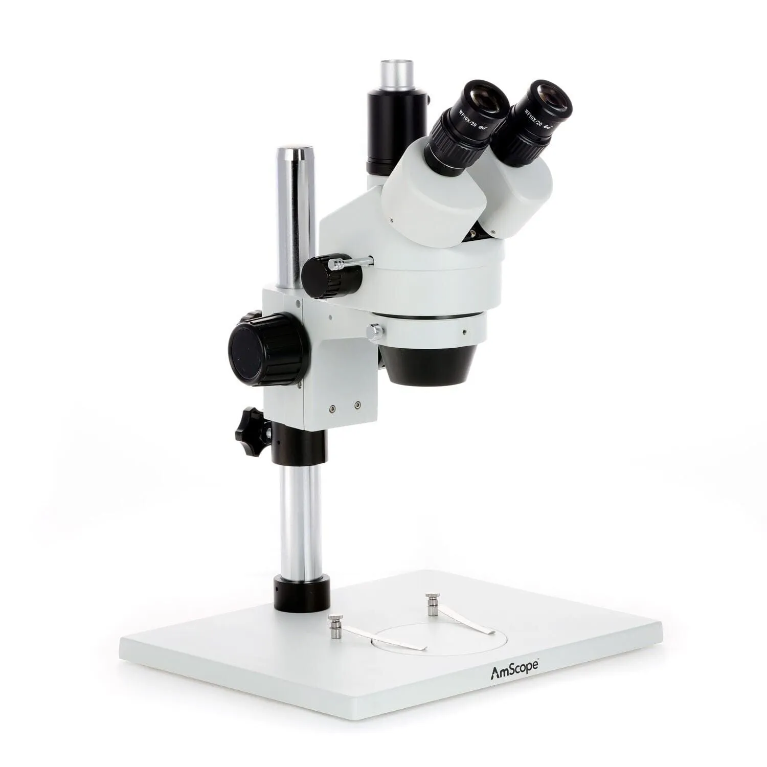 AmScope SM-1 Series Zoom Trinocular Stereo Microscope 3.5X-90X Magnification with 8W Fluorescent Ring Light and 9MP USB 2.0 C-mount Camera on Pillar Stand with Extra Large Base Plate