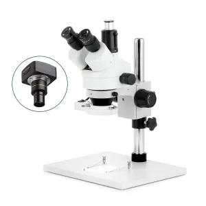 AmScope SM-1 Series Zoom Trinocular Stereo Microscope 3.5X-90X Magnification with 8W Fluorescent Ring Light and 9MP USB 2.0 C-mount Camera on Pillar Stand with Extra Large Base Plate