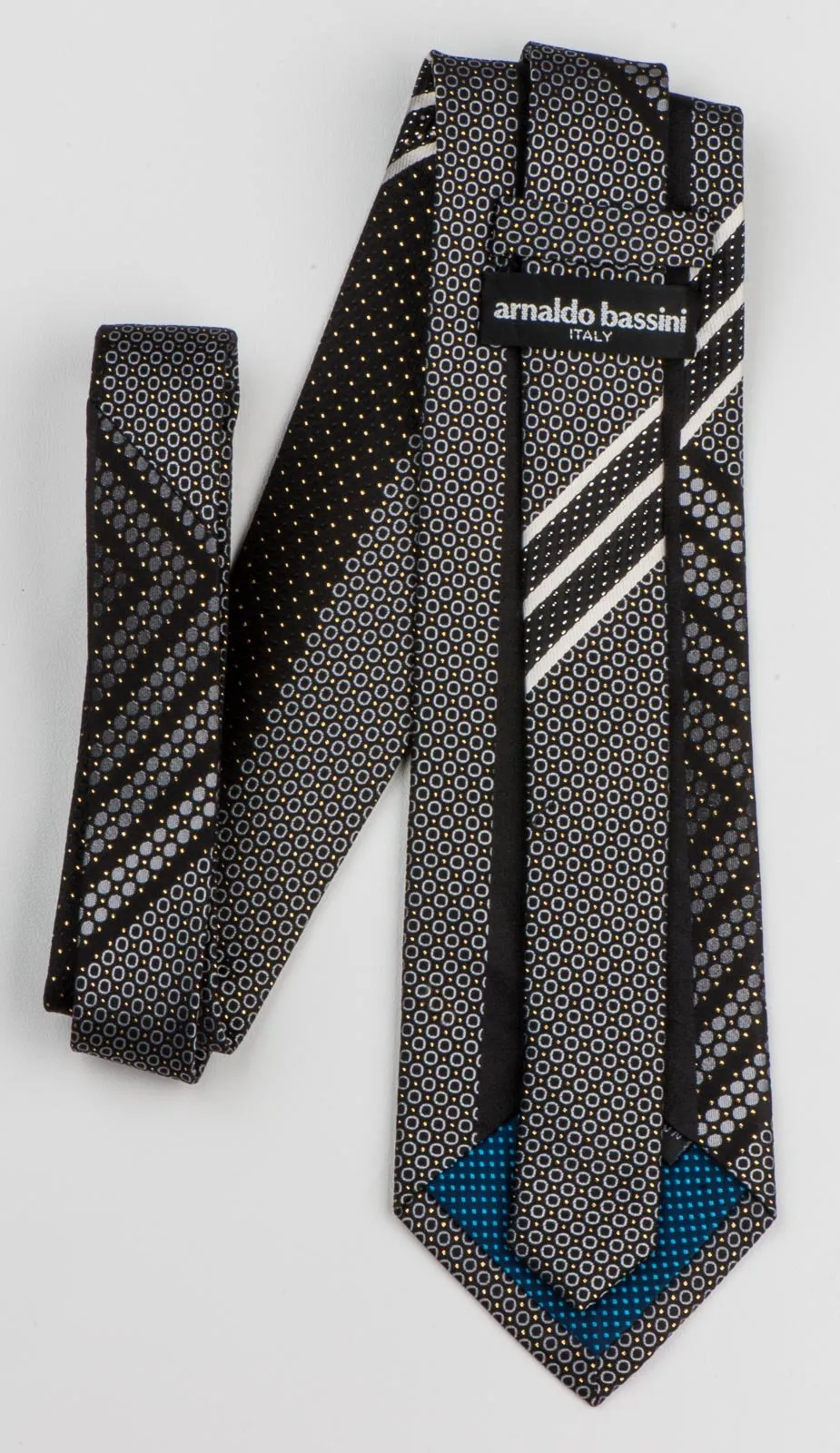 Arnaldo Bassini Silk Neck Tie Geometric Cirlcles On Black With Rhinestones