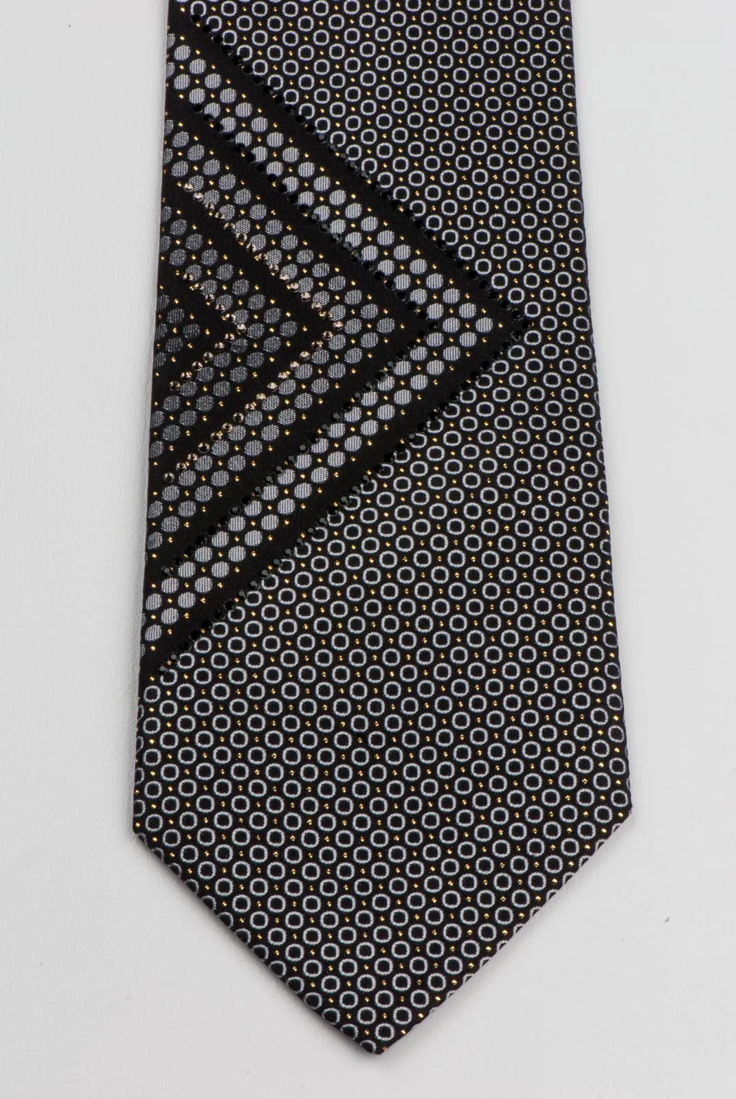 Arnaldo Bassini Silk Neck Tie Geometric Cirlcles On Black With Rhinestones