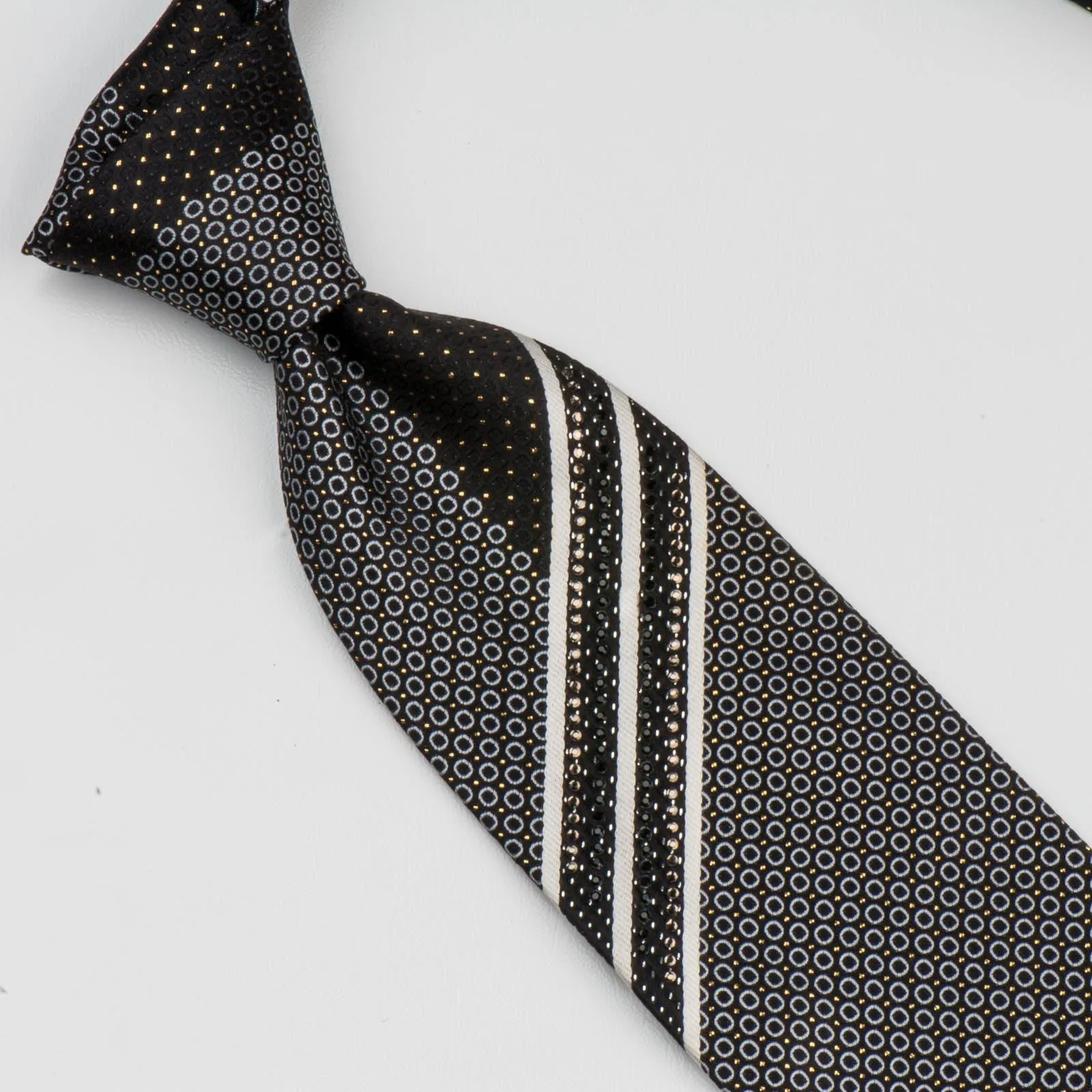 Arnaldo Bassini Silk Neck Tie Geometric Cirlcles On Black With Rhinestones