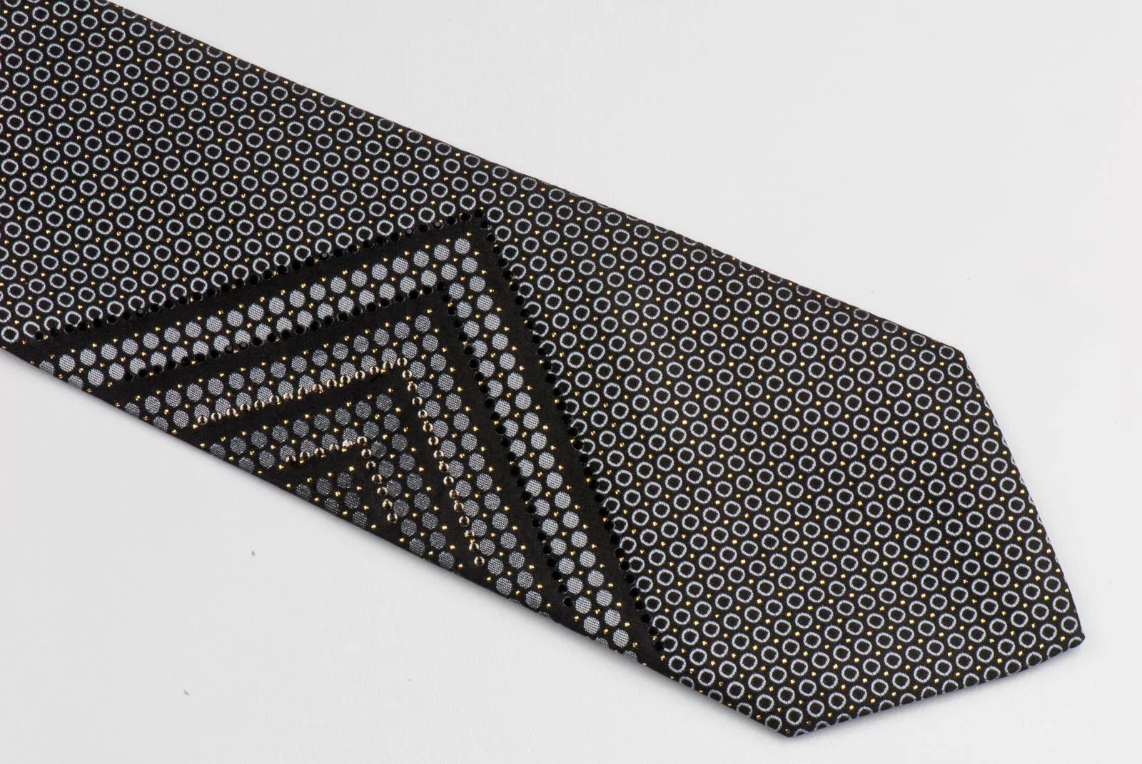 Arnaldo Bassini Silk Neck Tie Geometric Cirlcles On Black With Rhinestones