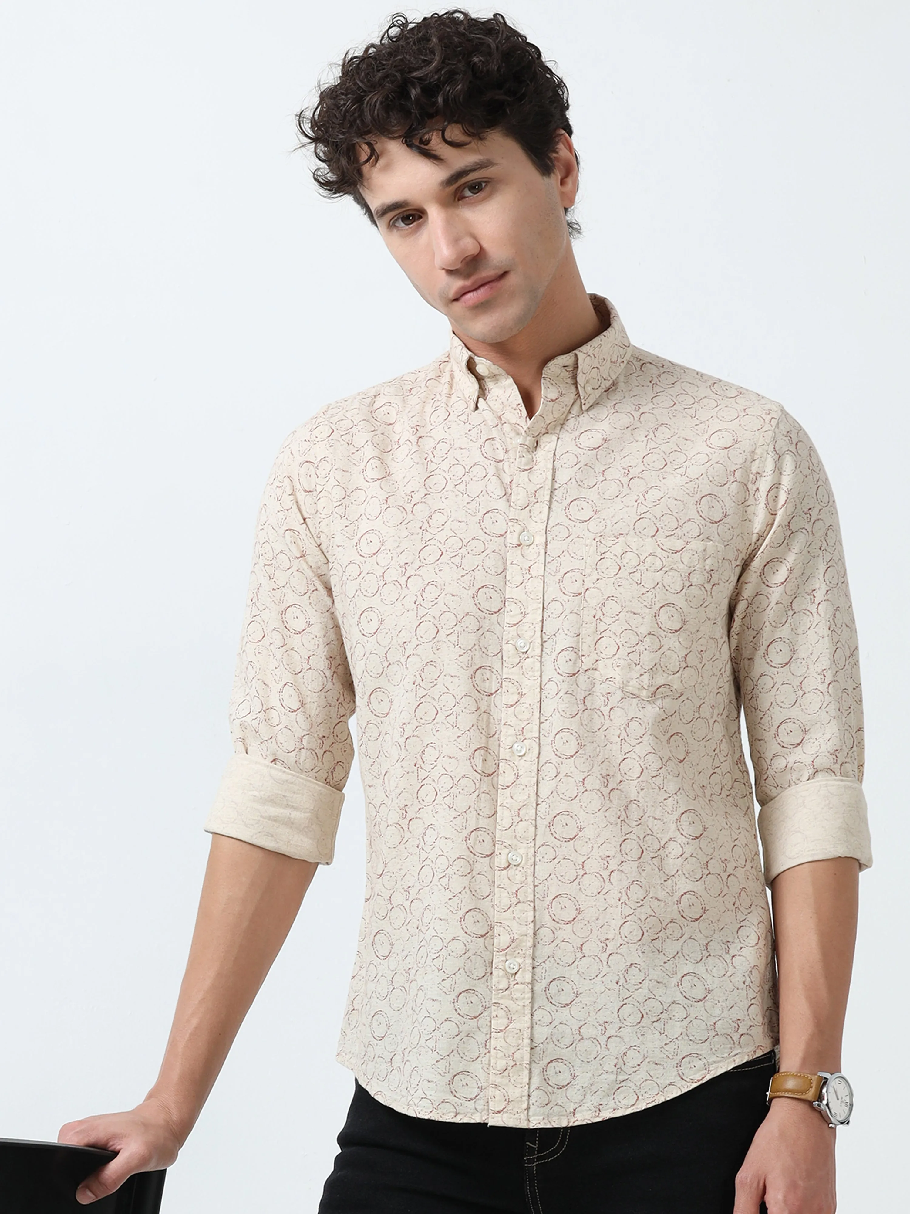 Astrid - Turkish Fit Printed Shirt - Beige