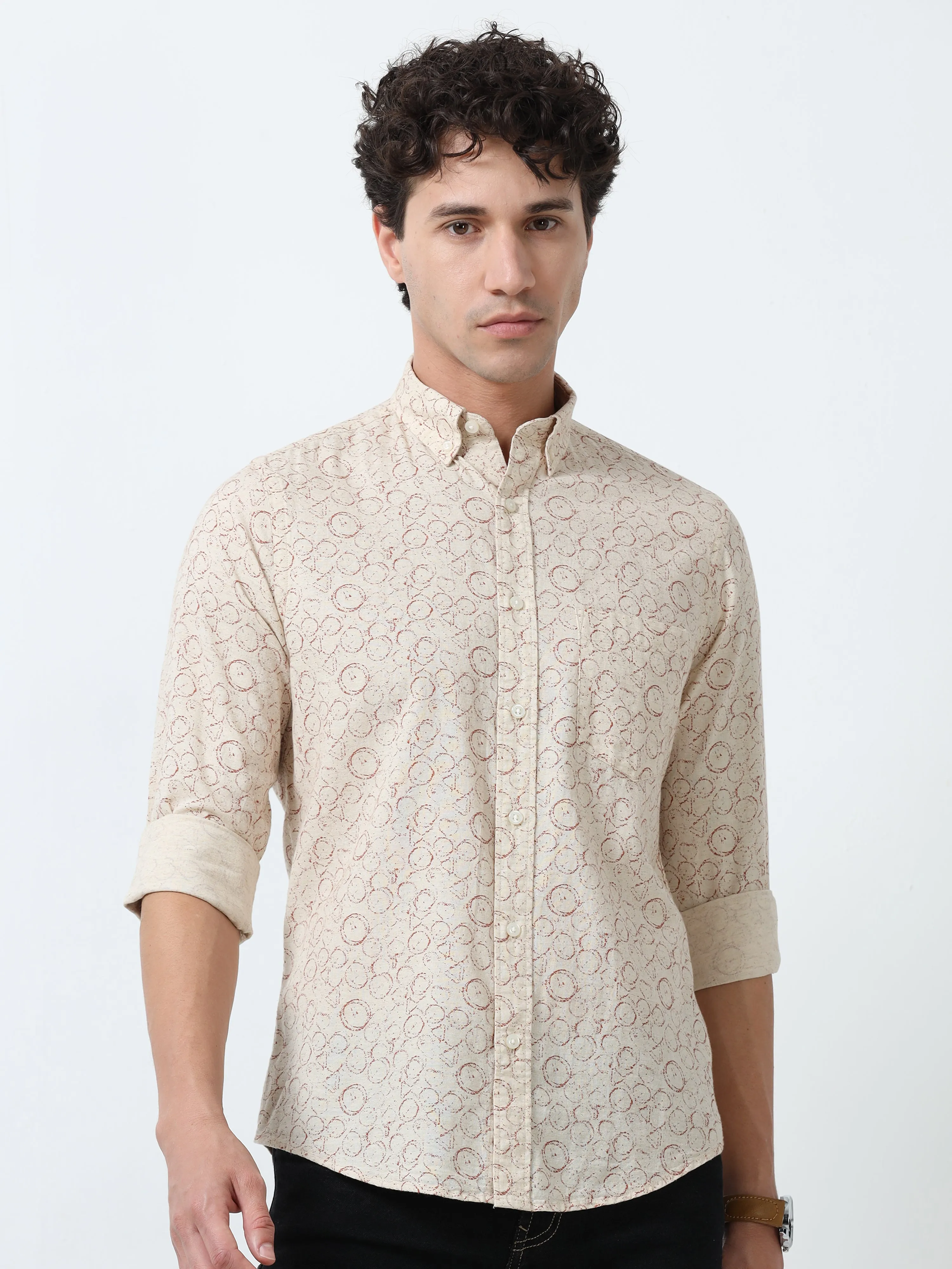 Astrid - Turkish Fit Printed Shirt - Beige
