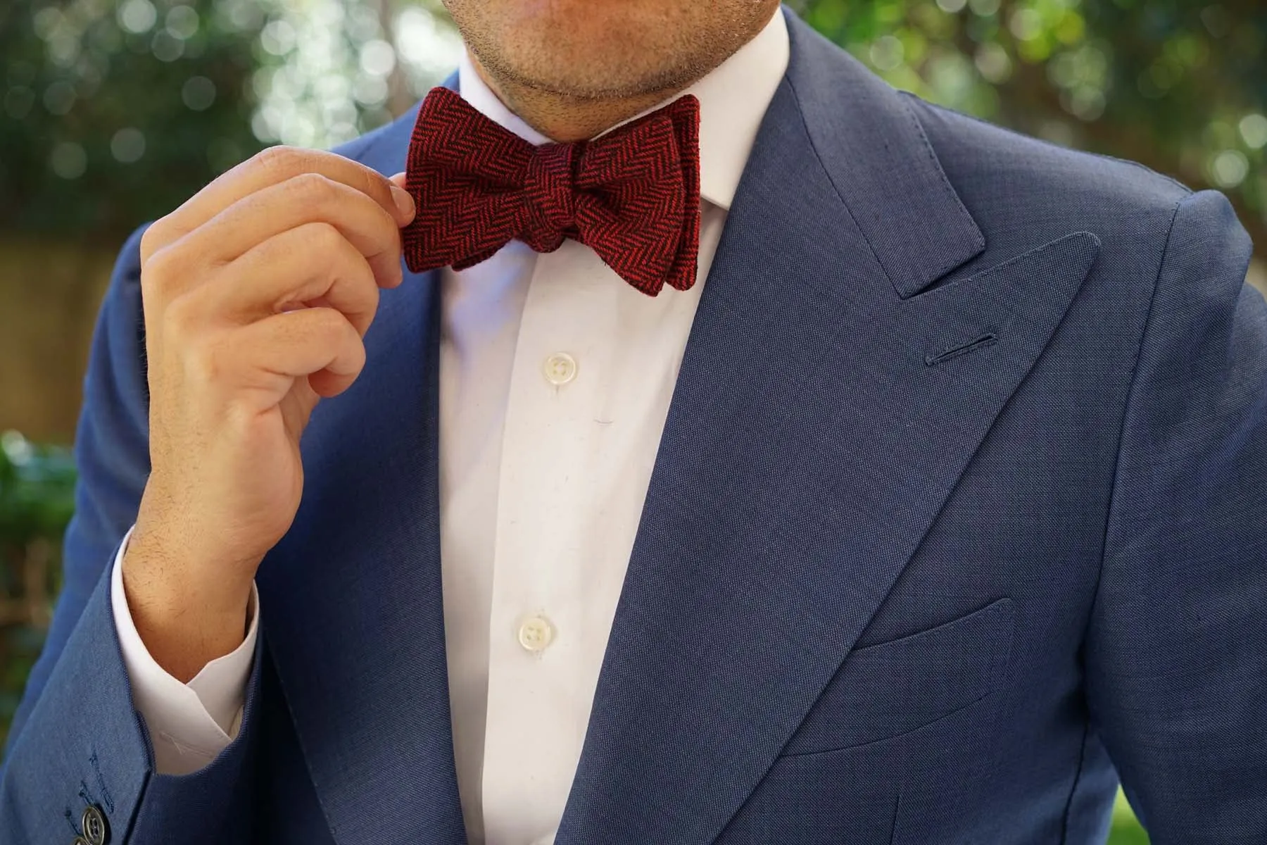 Black & Red Herringbone Wool Self Bow Tie