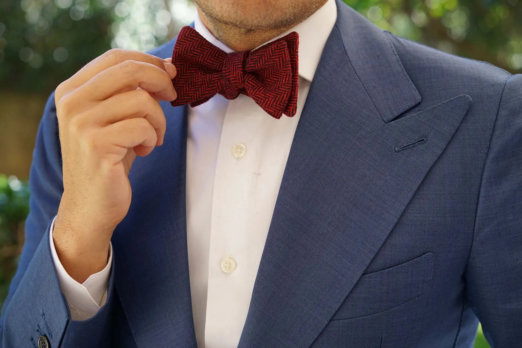 Black & Red Herringbone Wool Self Bow Tie