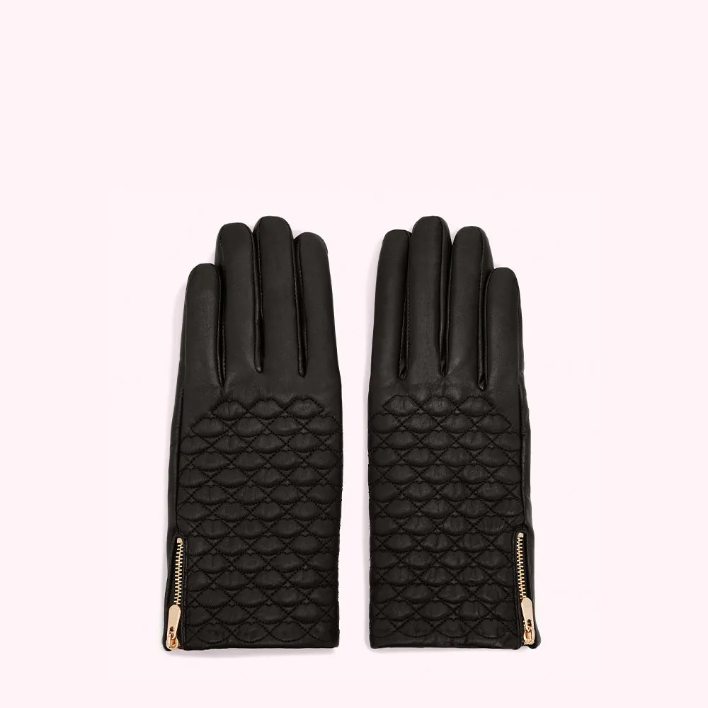 BLACK EMBROIDERED LIPS LEATHER GLOVES