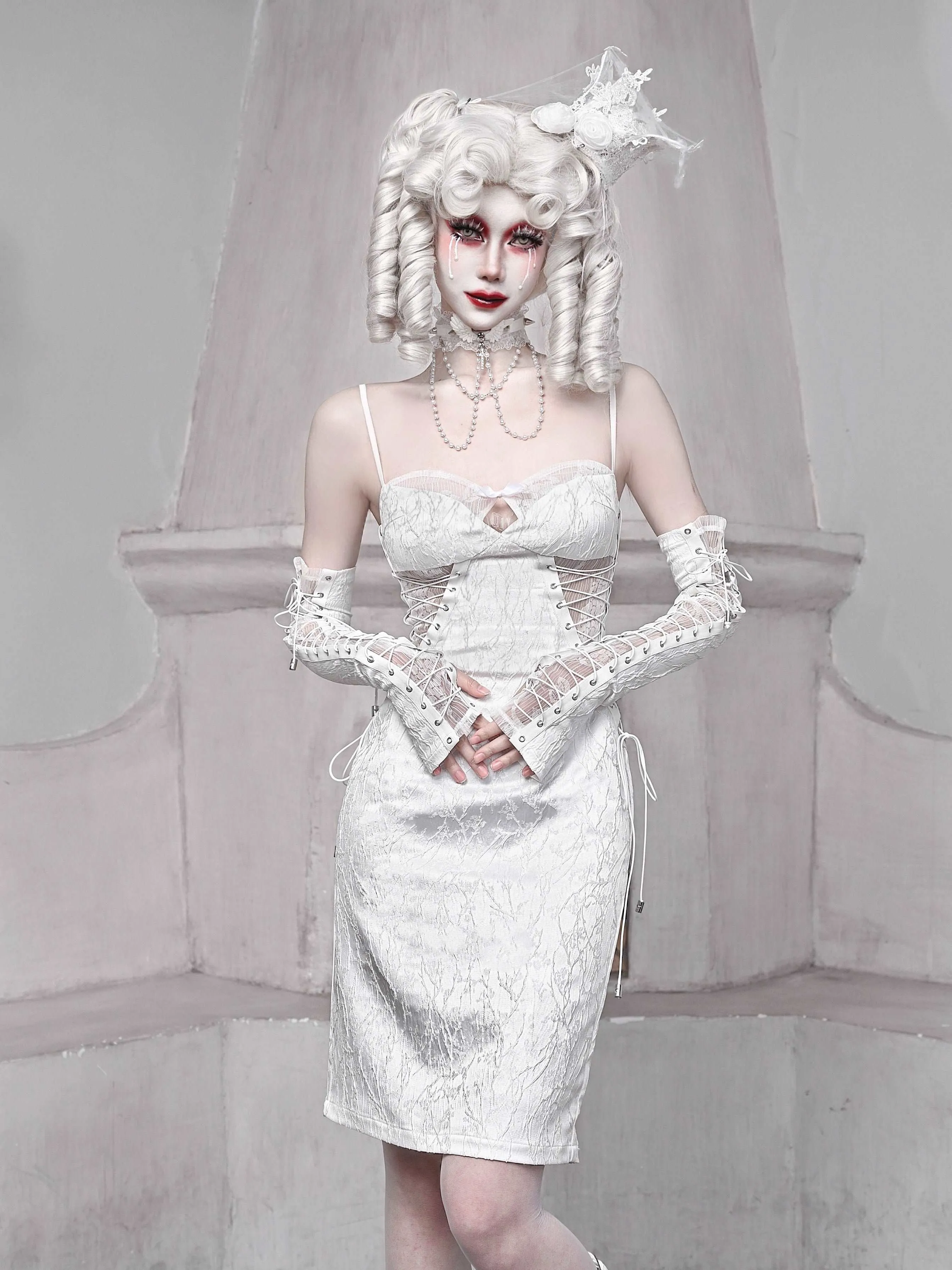Blood Supply The White Doll Goth Jacquard Lace Fitted Dress
