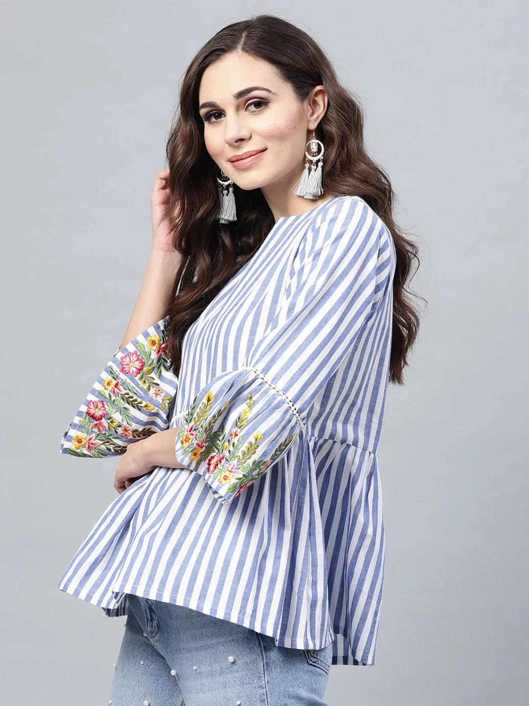 Blue & White Striped A-Line Pure Cotton Top