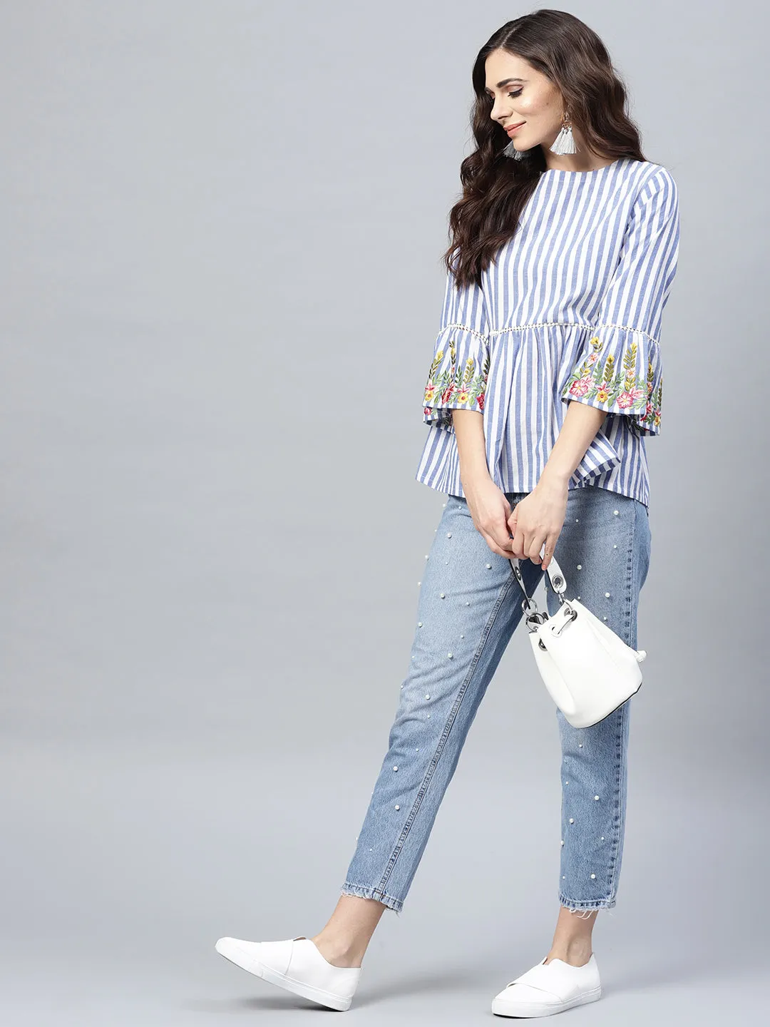 Blue & White Striped A-Line Pure Cotton Top