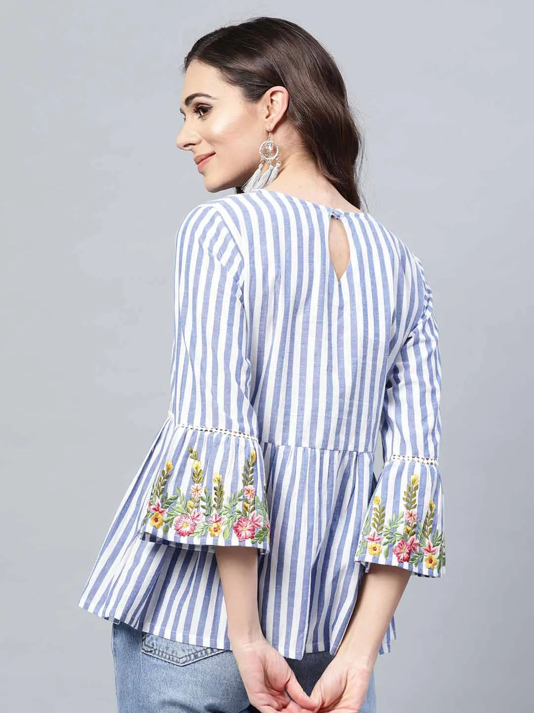 Blue & White Striped A-Line Pure Cotton Top