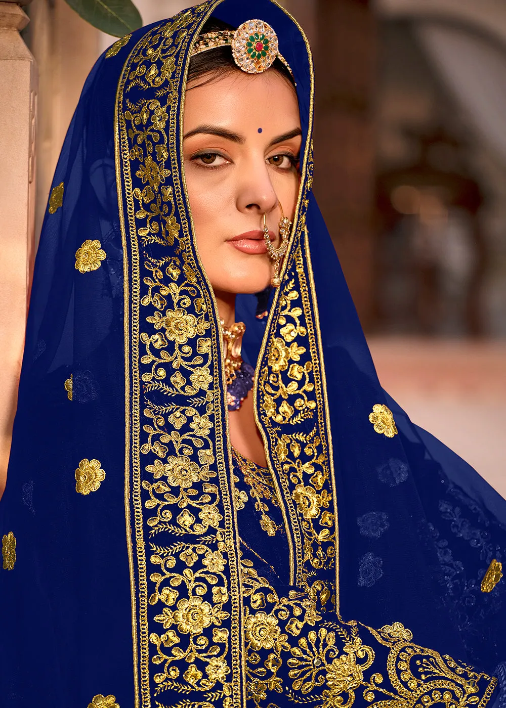 Blue Velvet Front & Back Embroidery Wedding Anarkali Suit