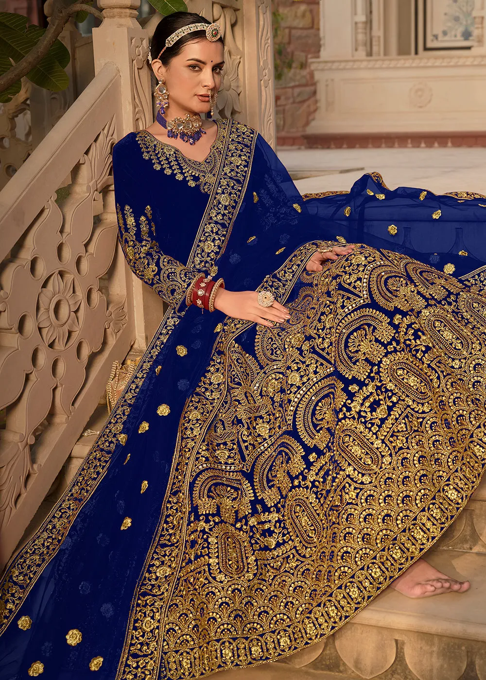 Blue Velvet Front & Back Embroidery Wedding Anarkali Suit