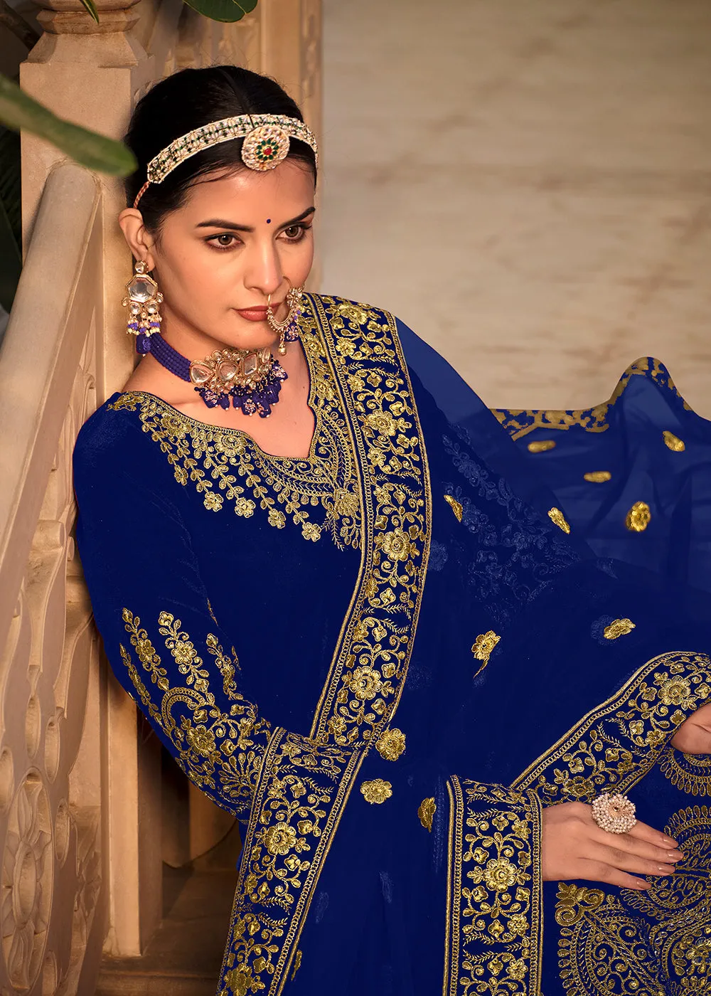 Blue Velvet Front & Back Embroidery Wedding Anarkali Suit