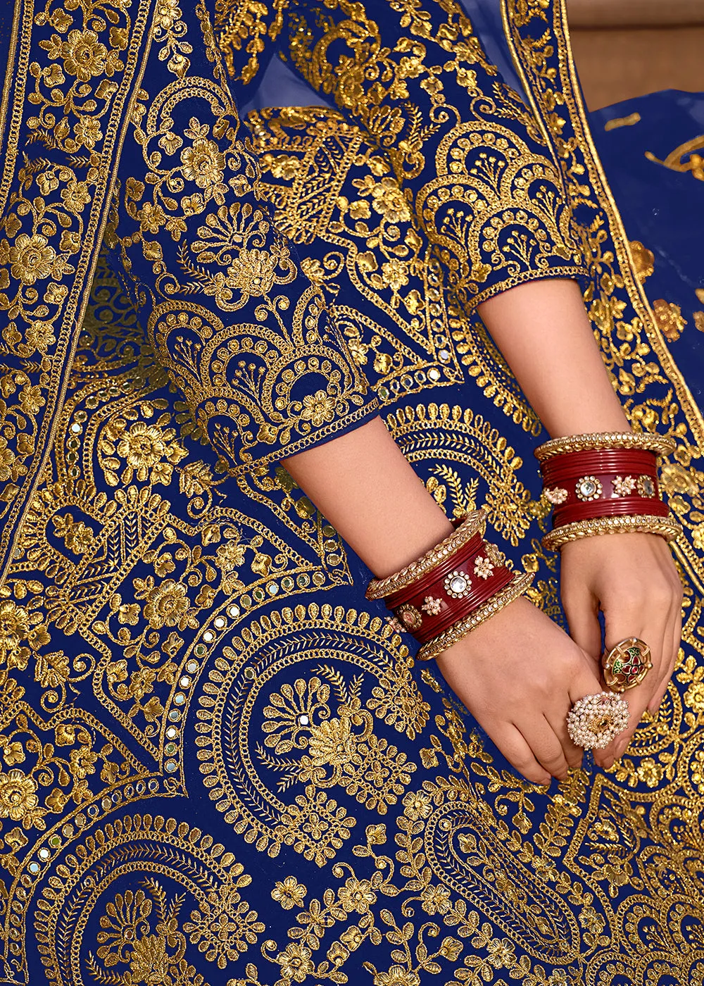 Blue Velvet Front & Back Embroidery Wedding Anarkali Suit