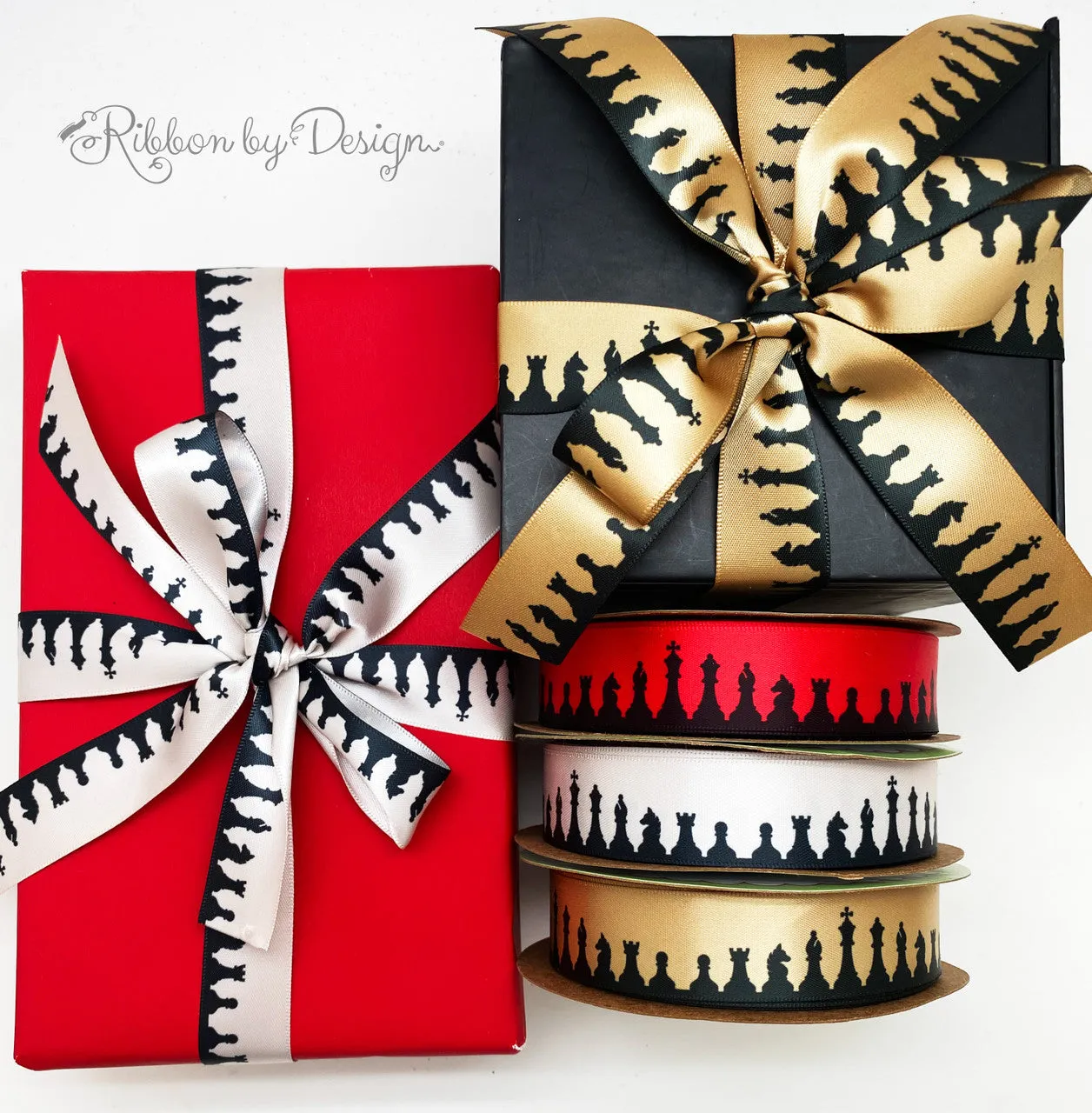 Chess ribbon with all the game pieces in  black silhouette printed on 7/8" red satin