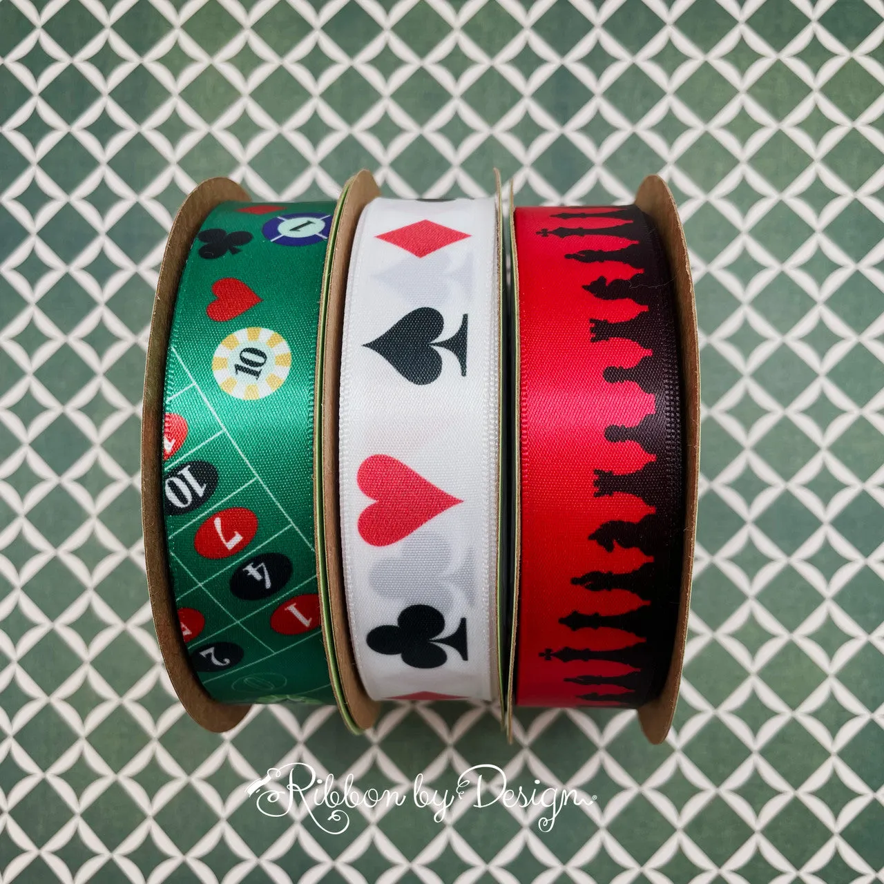 Chess ribbon with all the game pieces in  black silhouette printed on 7/8" red satin