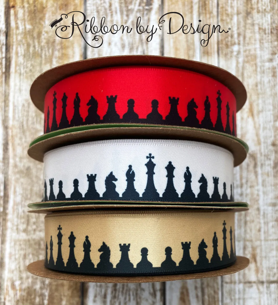 Chess ribbon with all the game pieces in  black silhouette printed on 7/8" red satin