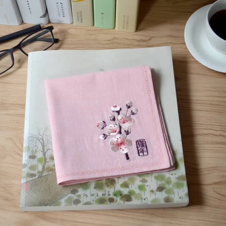 Chinese Handkerchief with the Embroidered Pattern of Peach Blossom (Customizable)