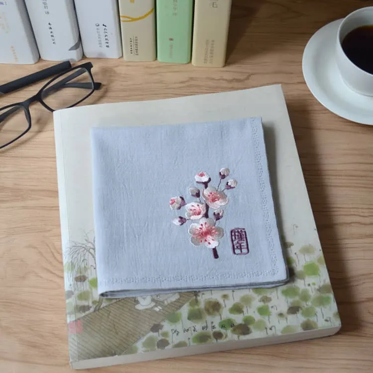Chinese Handkerchief with the Embroidered Pattern of Peach Blossom (Customizable)