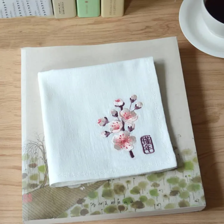 Chinese Handkerchief with the Embroidered Pattern of Peach Blossom (Customizable)