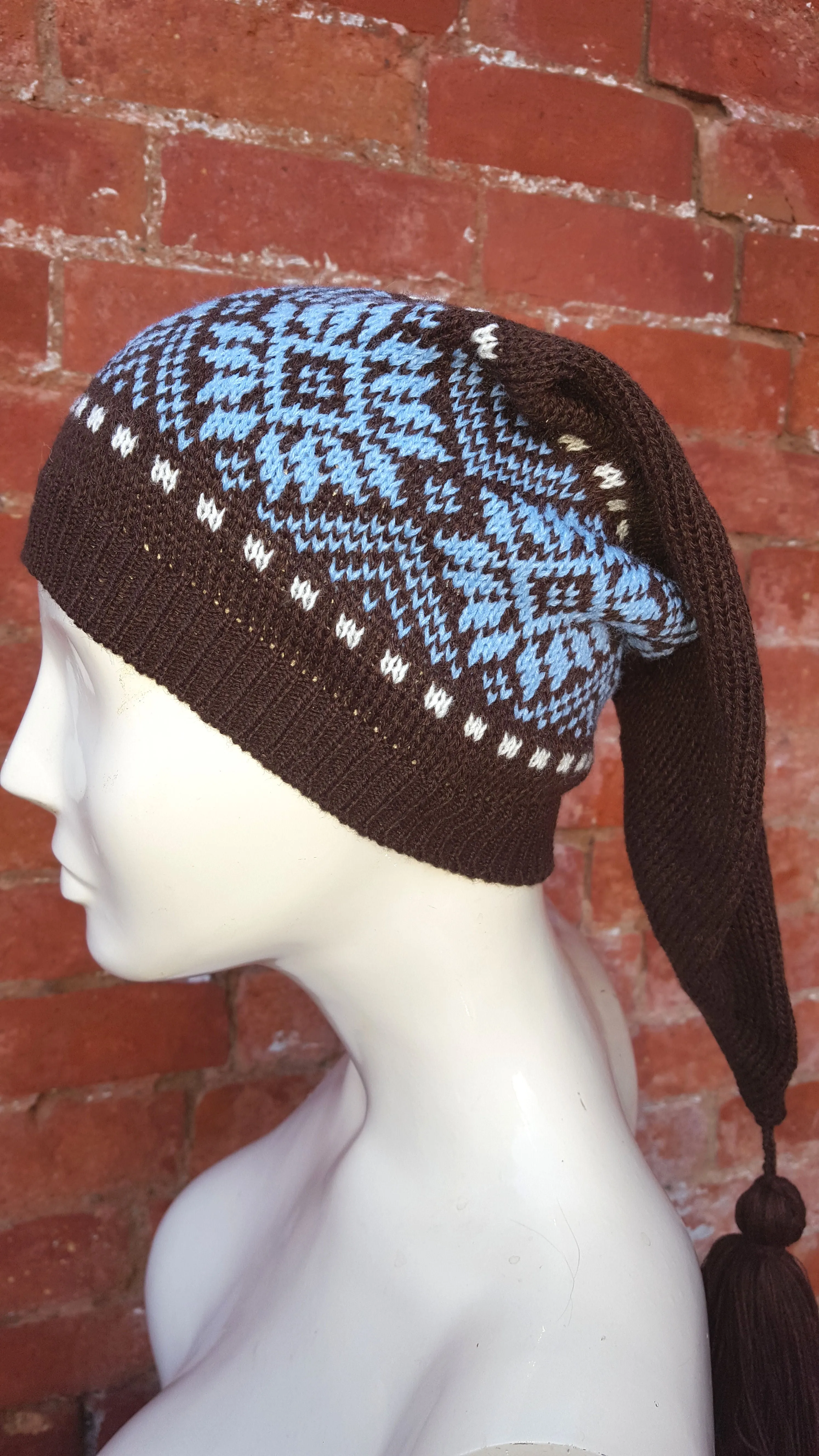Chocolate coloured Winter Pixie Hat, fair isle pattern, one size fits all, unisex ski hat