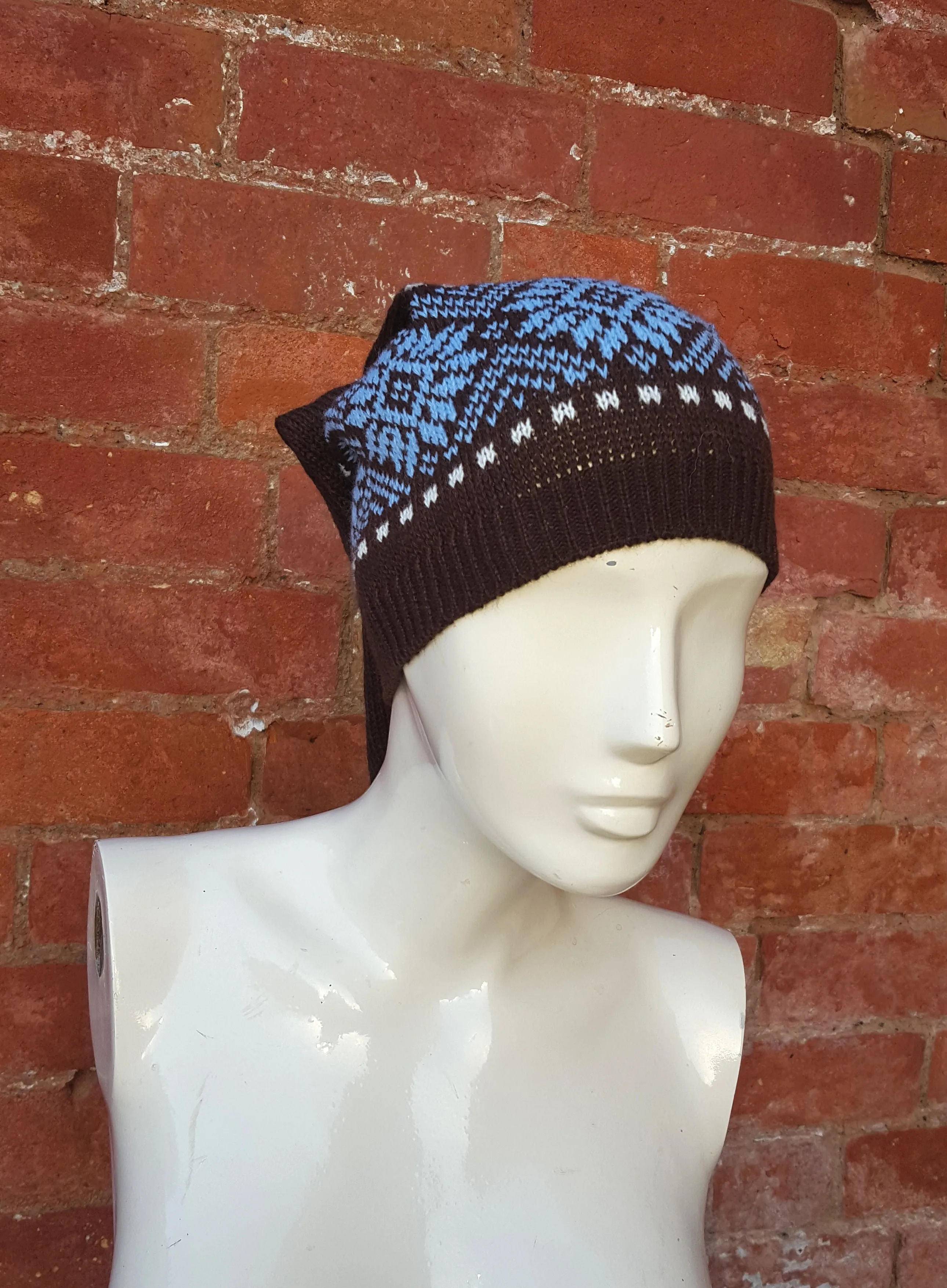 Chocolate coloured Winter Pixie Hat, fair isle pattern, one size fits all, unisex ski hat