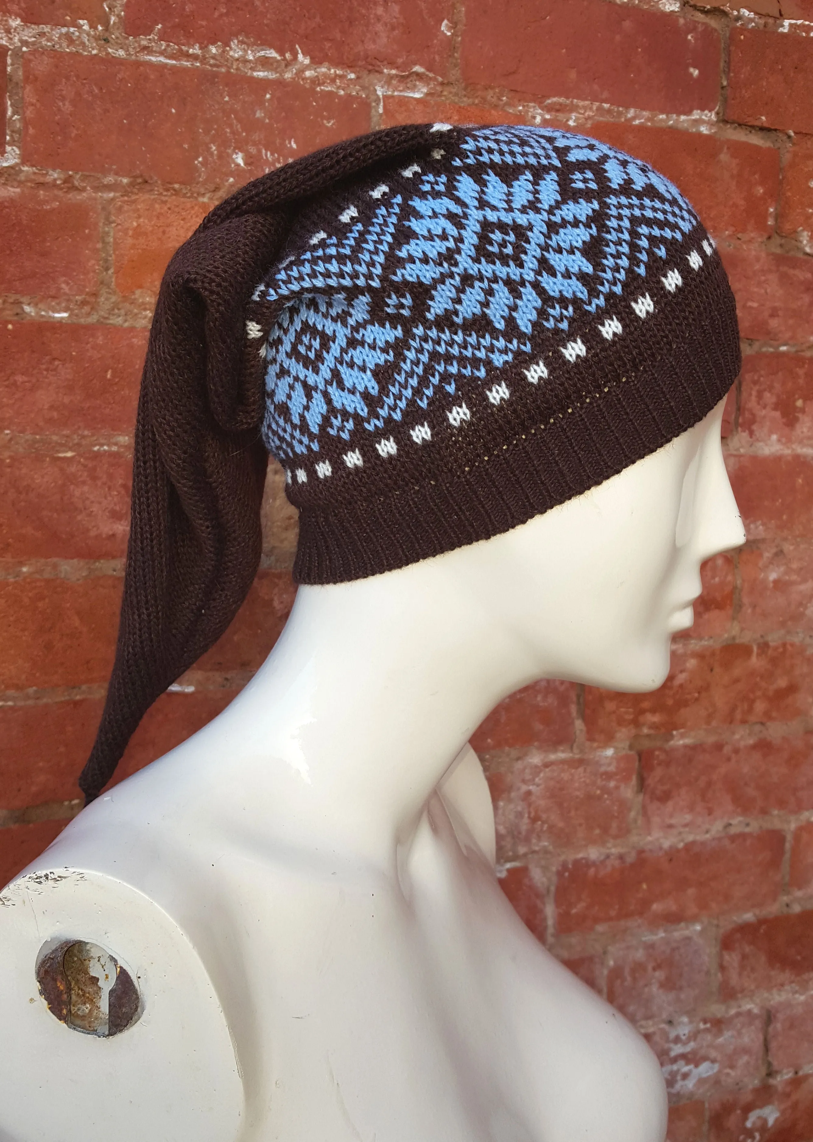 Chocolate coloured Winter Pixie Hat, fair isle pattern, one size fits all, unisex ski hat