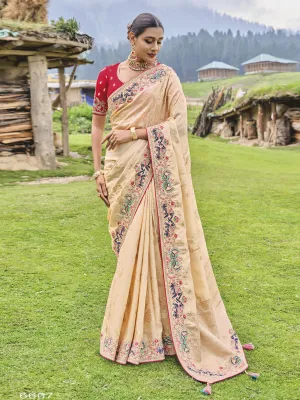Cream Pure Dola Silk Saree With Superb Embroidery