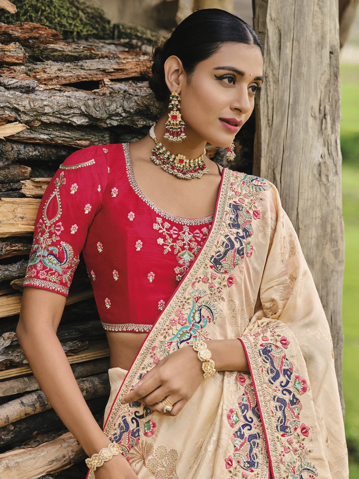 Cream Pure Dola Silk Saree With Superb Embroidery