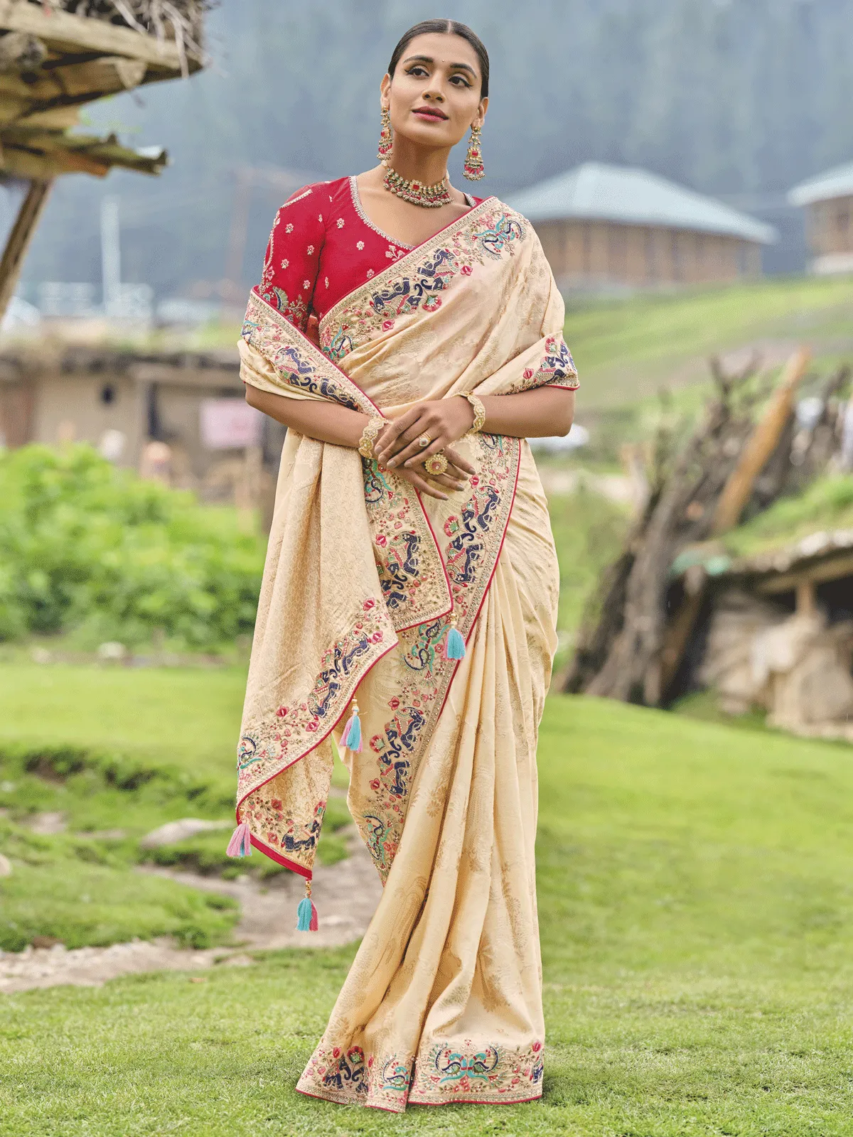 Cream Pure Dola Silk Saree With Superb Embroidery