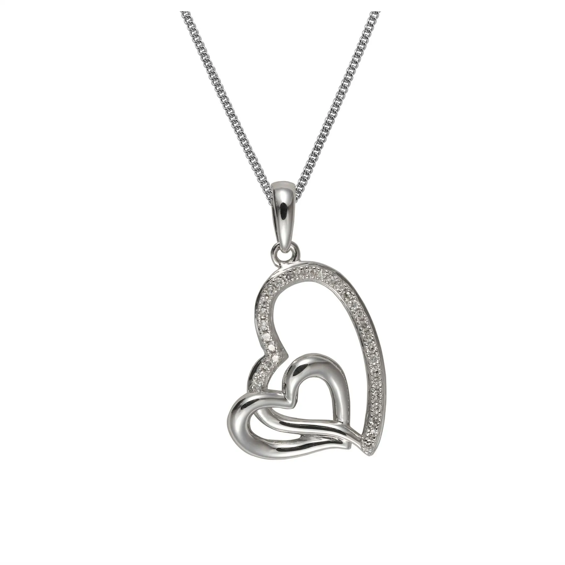 Damen 9 Karat Weißgold Diamant Doppelherz 45cm Anhänger mit Kette