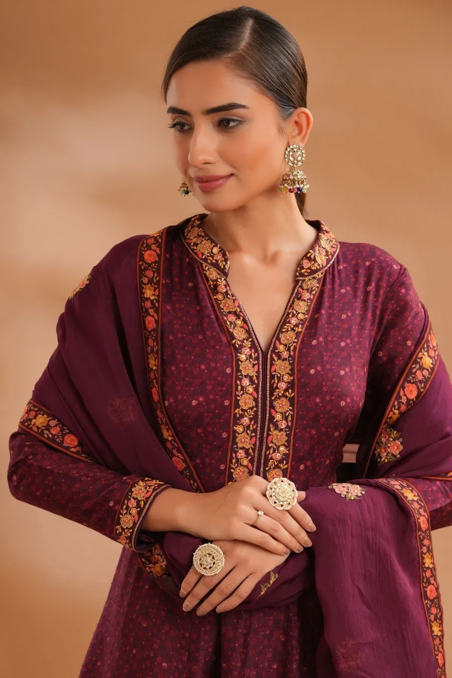 Deep Wine Floral Anarkali with Dupatta