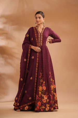 Deep Wine Floral Anarkali with Dupatta