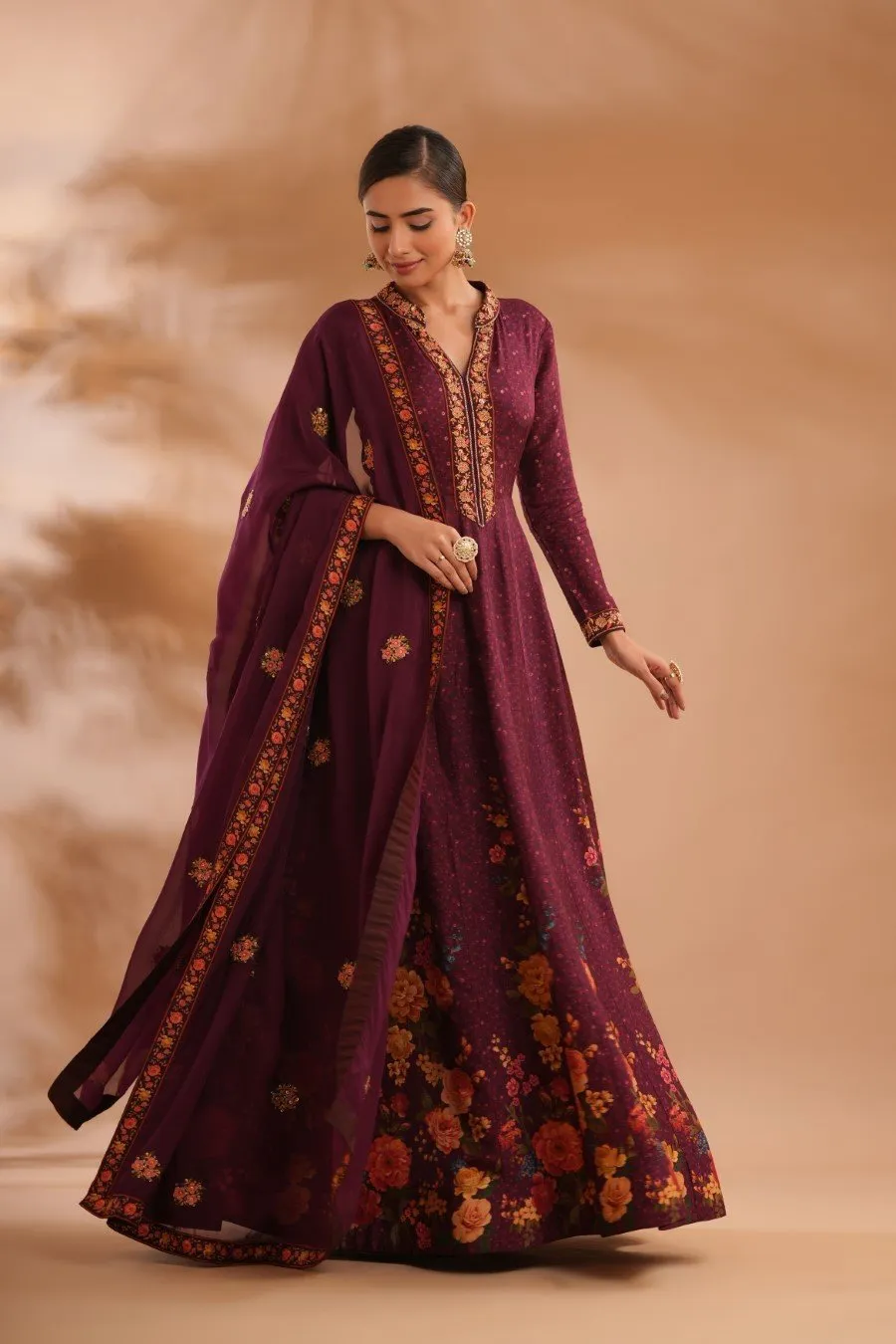 Deep Wine Floral Anarkali with Dupatta