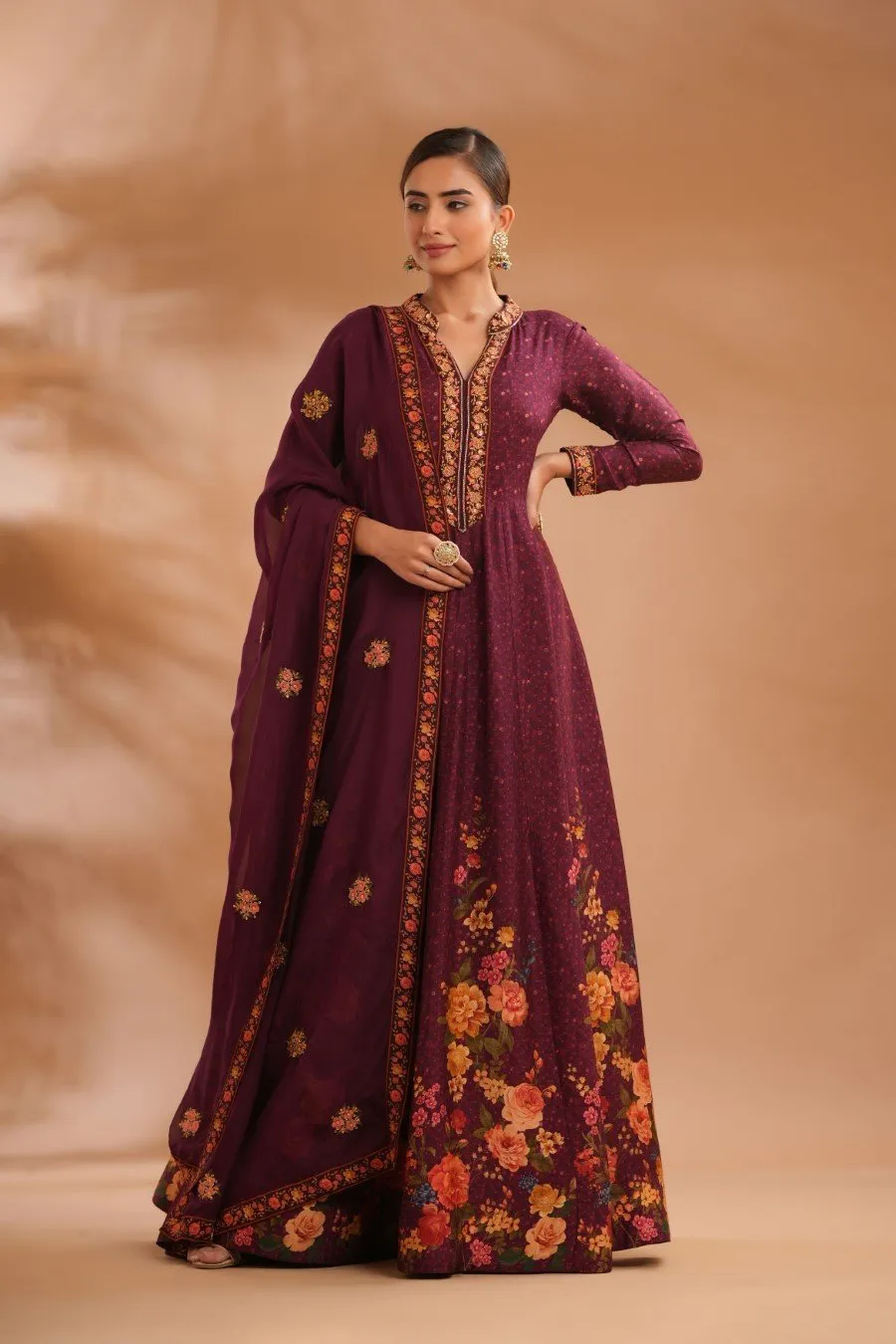 Deep Wine Floral Anarkali with Dupatta