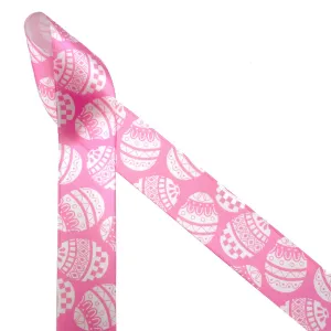 Easter Egg Ribbon stencil print in white with pink background printed on 1.5" white satin