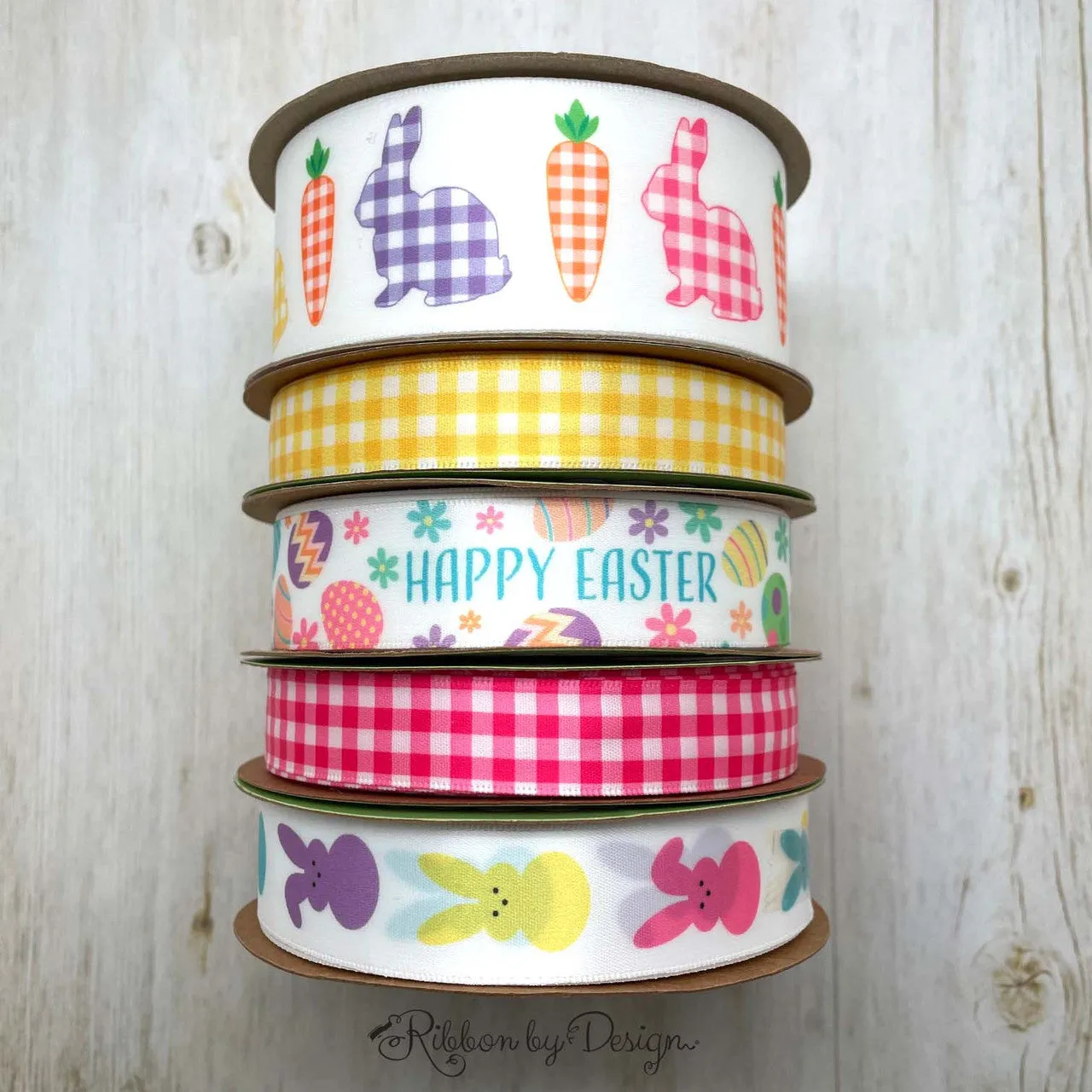 Easter ribbon gingham bunnies ideal for Easter baskets, gift wrap, gift baskets, party decor, quilting, crafts printed on 1.5" white satin