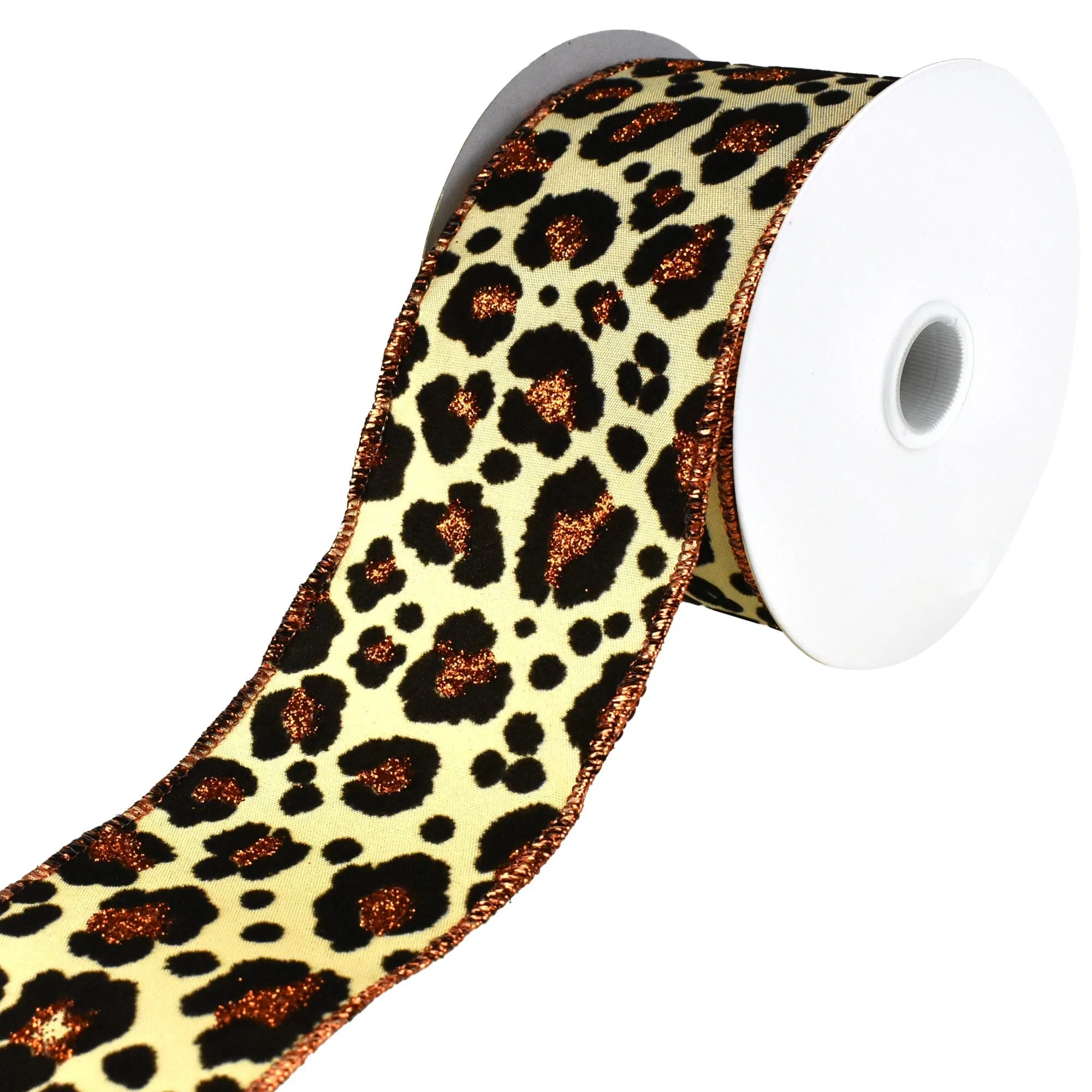 Flocked Cheetah Print Satin Wired Ribbon, 10-yard