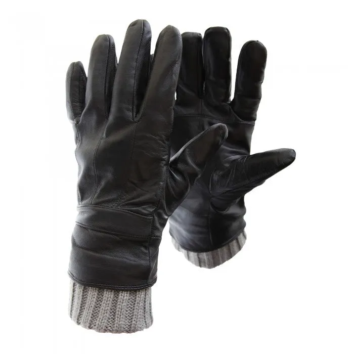 FLOSO Mens Sheepskin Leather Gloves With Knit Trim