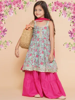 Girls Blue  Floral Printed Cotton Kurta With Sharara with  Dupatta