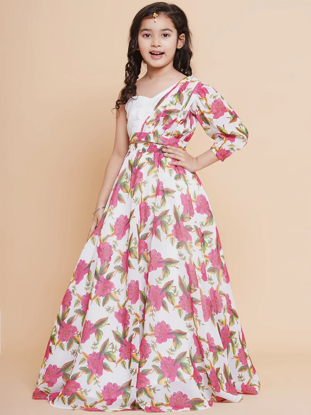 Girls Off White Printed Georgette Lehenga With Choli.