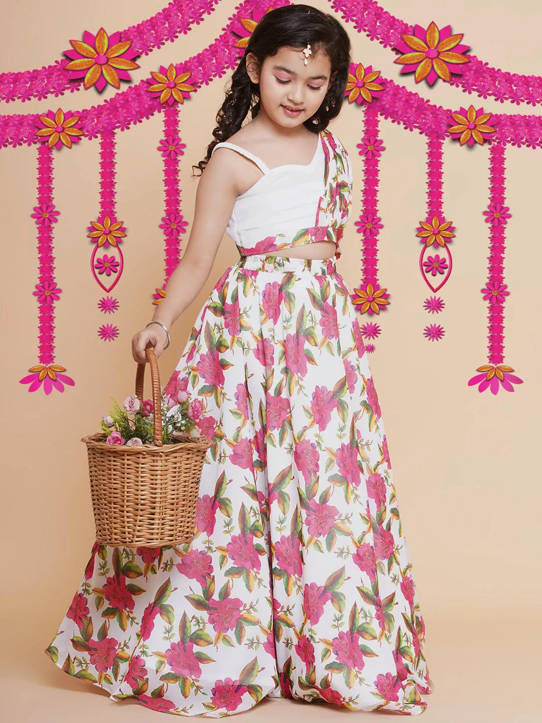 Girls Off White Printed Georgette Lehenga With Choli.