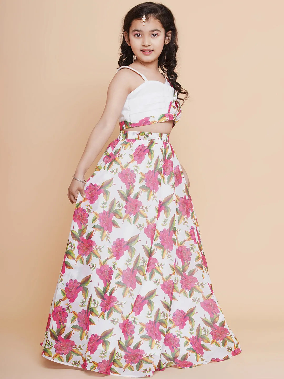 Girls Off White Printed Georgette Lehenga With Choli.